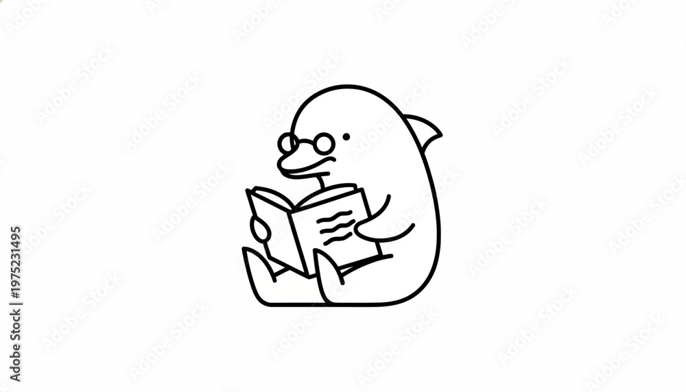 Fototapeta premium Cute cartoon dolphin wearing glasses reading a book, isolated on white background