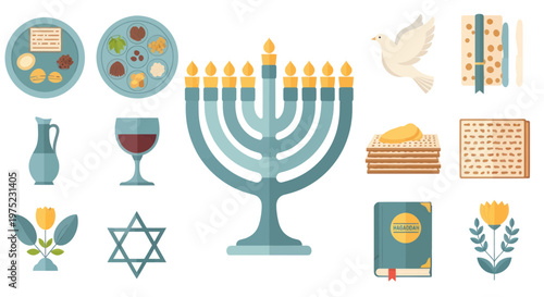 Jewish Holiday Symbols: Menorah, Matzah, Seder Plate, Star of David, Dove