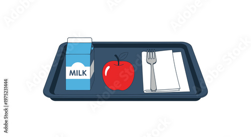 School Lunch Tray with Milk, Apple, Napkin, and Fork - Healthy Meal Concept
