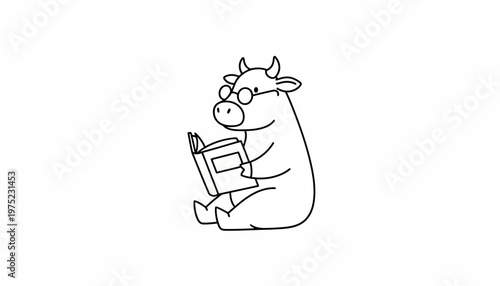 Cute cartoon cow wearing glasses reading a book, isolated on white background