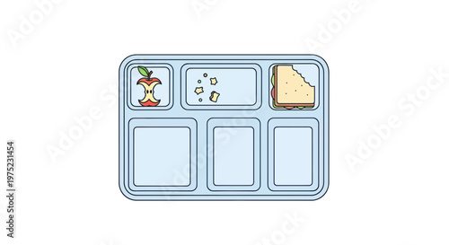 School lunch tray with apple core and half-eaten sandwich on white background