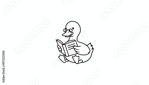 Cute cartoon duck wearing glasses reading a book, isolated on white background