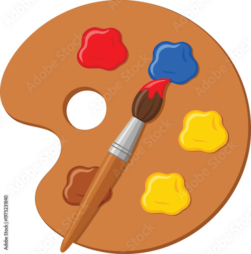 Paint palette with colorful paints and brush in vibrant studio lighting for art supplies on transparent background