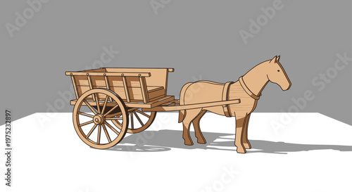 A traditional wooden horse drawn cart stands ready for use.