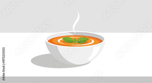 Steaming hot tomato soup with fresh basil in a white bowl.