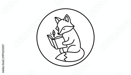 Cute Fox Reading a Book with a Leaf Symbolizing Growth, Black and White Line Art