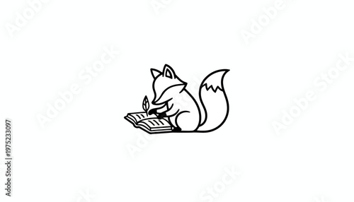Cute Fox Reading Book with Feather Pen, Creative Writing, Education, Knowledge