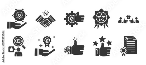  Credibility glyph icon set collection.. Icon pack contain Integrity, trust, reliable, authentic, commitment, regard, reputation, approved, rating, certificate.