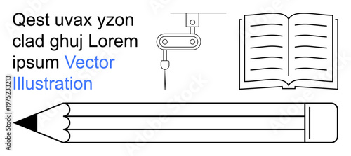 Education, learning, writing, technical design, study, creativity. Open book, pencil and technical drafting tool ion. Education and learning concepts with simple visuals