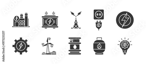Energy & Power glyph icon set collection. Icon pack contain •  Power plant, Electricity, Battery Generator, Electric tower, Plug, Lightning bolt, Turbine, Oil barrel, Gas energy, management