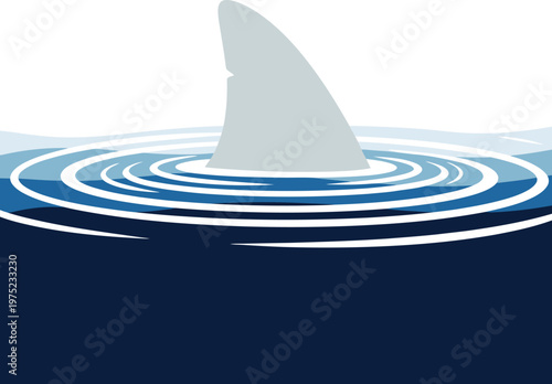 Shark fin in dark blue ocean water with ripples in minimalist grey and illustration for marine biology on transparent background