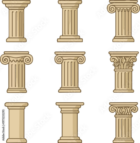 Set of eight ancient greek roman columns illustrations
