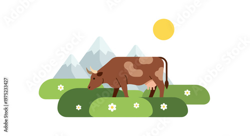 Brown cow grazing in a green meadow with mountains and sun in the background.