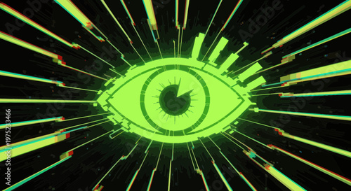 Cybernetic Eye Surveillance Digital Glitch Effect Neon Glow