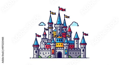 Fairytale Castle Illustration - Fantasy Kingdom Palace with Flags and Towers