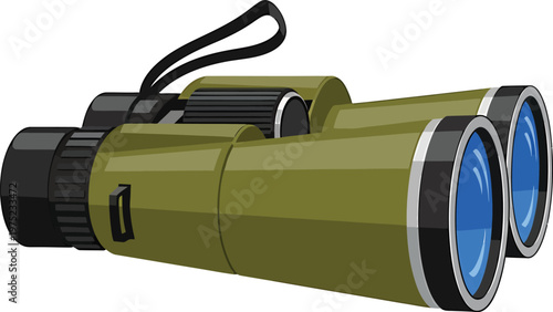 Olive green binoculars with blue lenses in bright lighting for outdoor adventure on transparent background
