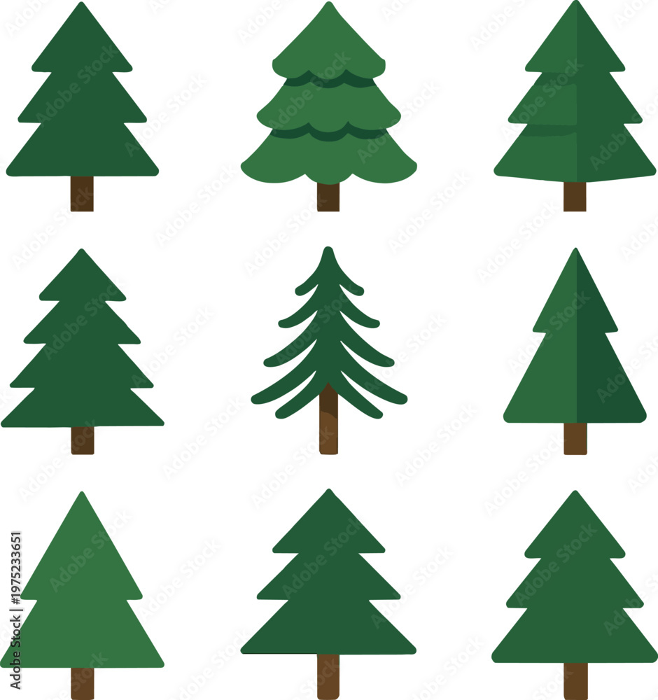 Obraz premium set of green cartoon pine trees on white background