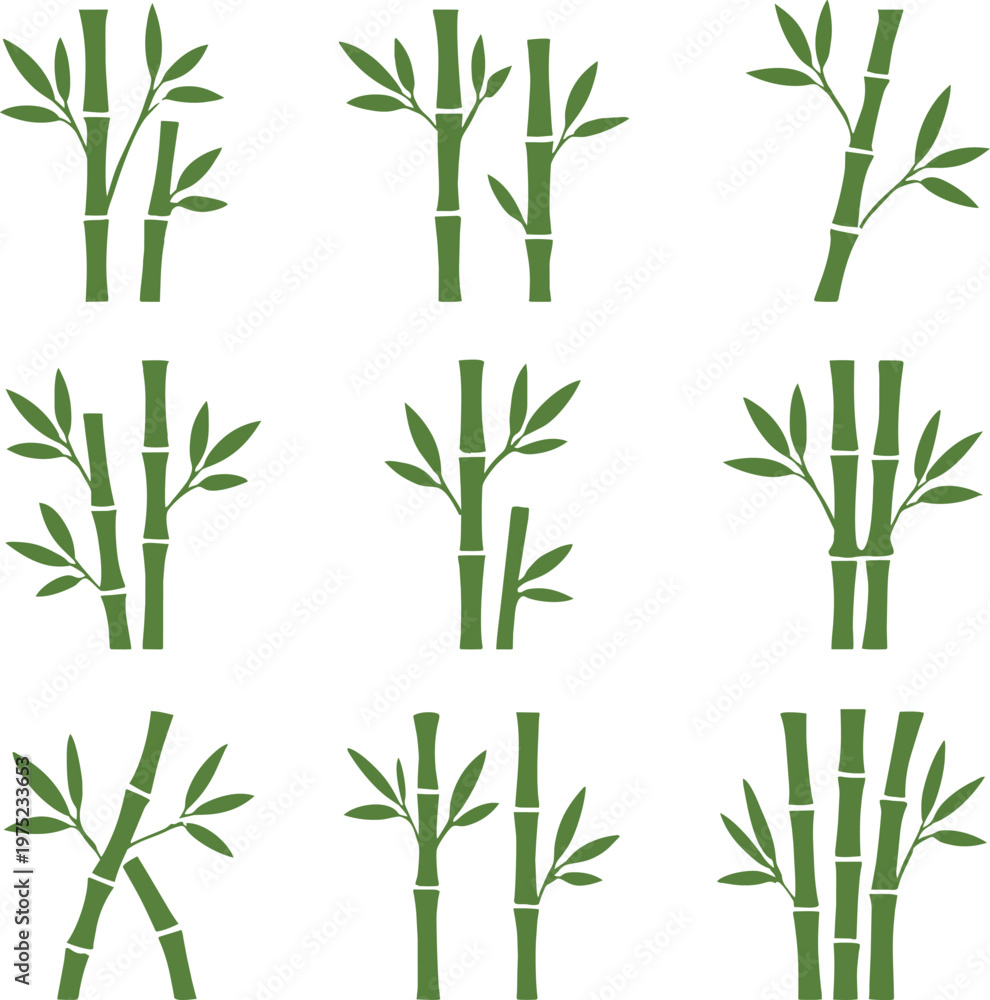 Naklejka premium Green bamboo stalks with leaves pattern design
