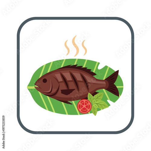 Delicious Grilled Fish Served on a Banana Leaf with Tomato and Basil Garnish