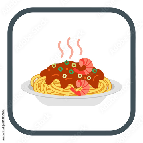 Delicious plate of hot spaghetti with savory shrimp and rich tomato sauce, an iconic Italian pasta meal illustration
