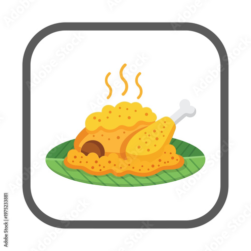 Delicious Golden Chicken and Rice Meal on Banana Leaf, Steaming Hot, Traditional Asian Cuisine Illustration