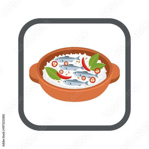 A delicious Asian rice dish with fish, chilies, and basil leaves in a clay pot