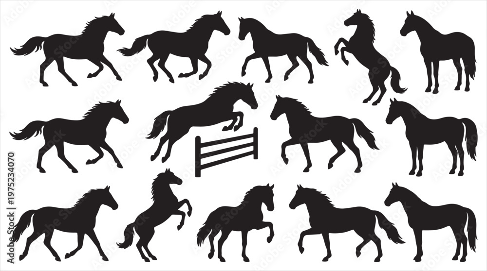 Fototapeta premium Horse silhouette bundle for animal and wildlife designs, isolated on white background.