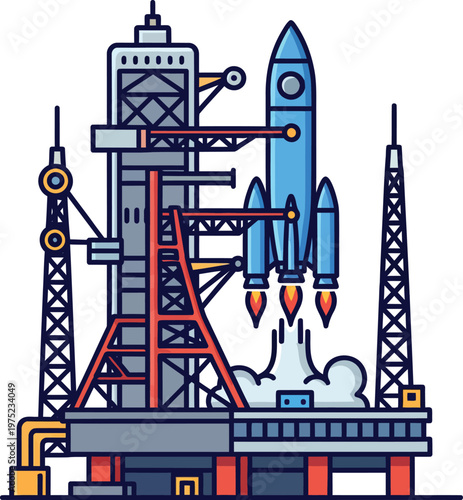 Rocket Launch Pad with Spaceship Ready for Liftoff.