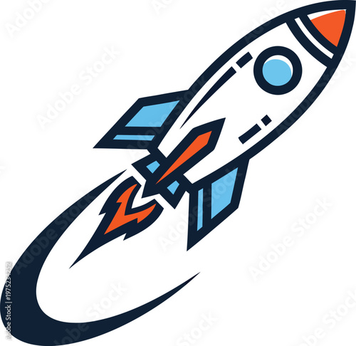 Stylized Rocket Launching into Space with Fiery Exhaust.