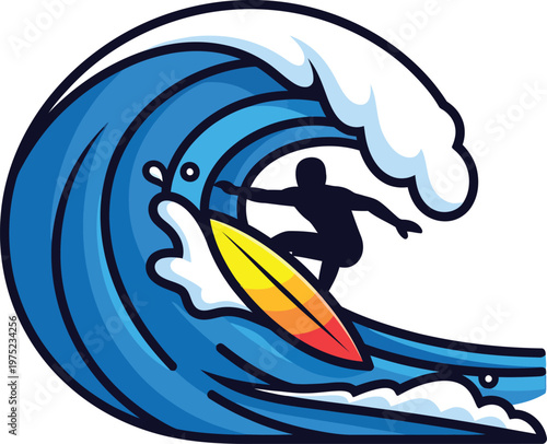 Surfer Riding a Big Blue Wave with a Colorful Board.