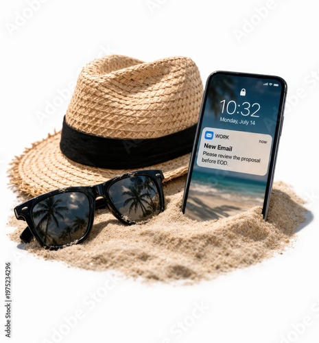Summer vacation objects partially buried in sand with a smartphone showing a work notification. Remote work, digital stress, work life balance, modern lifestyle, technology invading personal time.
