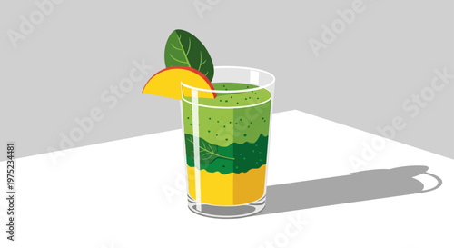 Layered green and yellow fruit smoothie illustration with mango garnish
