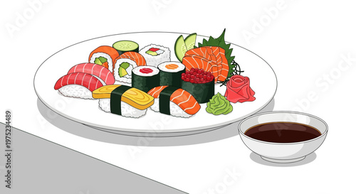 Assorted sushi and sashimi platter with soy sauce illustration