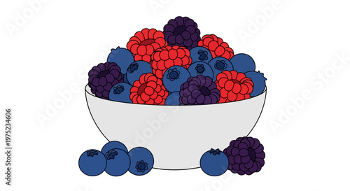 Colorful bowl of fresh mixed berries illustration.