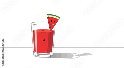 Glass of refreshing watermelon juice with a slice on the rim.