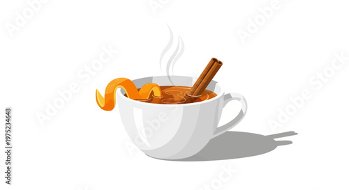 Steaming hot apple cider with cinnamon stick and orange peel