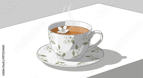 Steaming Hot Tea in a Floral Teacup with Blossom
