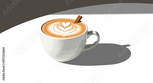 Warm latte art coffee with cinnamon stick in a white cup.