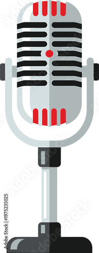 Vintage microphone in retro style with bold red accents in bright lighting for music podcast on transparent background