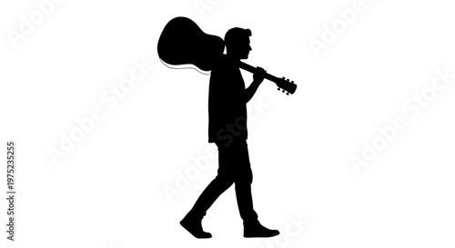 Silhouette of a man walking with a guitar on his shoulder, isolated on white background