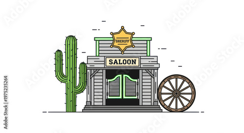 Wild West Saloon, Cactus, Sheriff Badge, and Wagon Wheel Illustration
