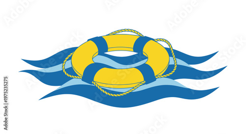 Yellow lifebuoy floating on blue waves, safety equipment, rescue flotation device