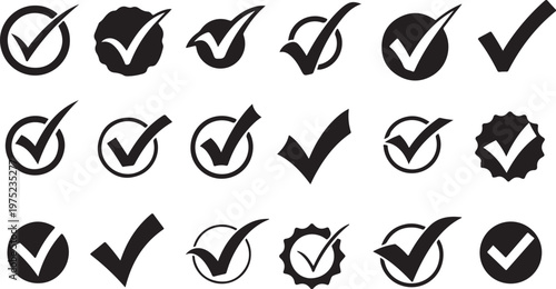 Collection of checkmark and verified icons in black and white