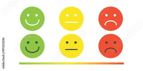 Emotion feedback scale. Includes such emoticon as angry, sad, neutral, joy and happy expression, arranged into a horizontal row