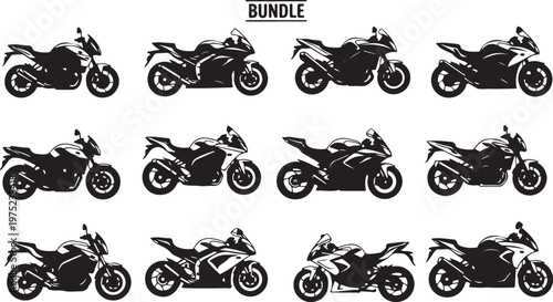 Collection of various motorcycle silhouettes in black and white
