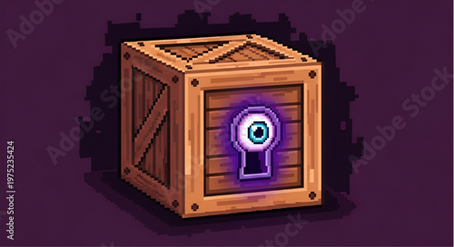 Mysterious Wooden Crate with Glowing Monster Eye Inside Keyhole