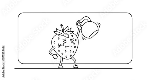 Funny Strawberry Character Lifting Kettlebell, Healthy Lifestyle and Fitness Concept