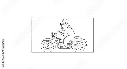 Funny Walrus Riding Motorcycle Wearing Helmet, Cartoon Style