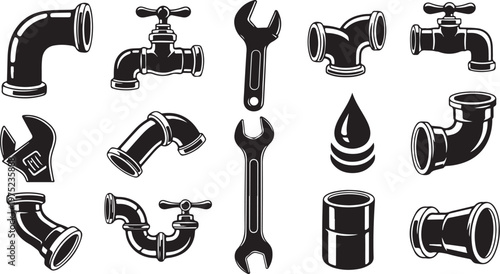 Plumbing tools and pipes in black and white illustration