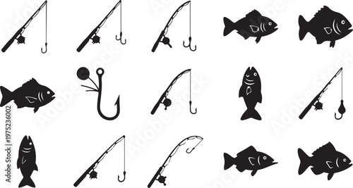 Fishing icons and silhouettes of fish and hooks collection
